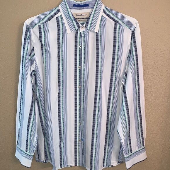 Large Tommy Bahama Blue-White LS Shirt - Picture 3 of 6